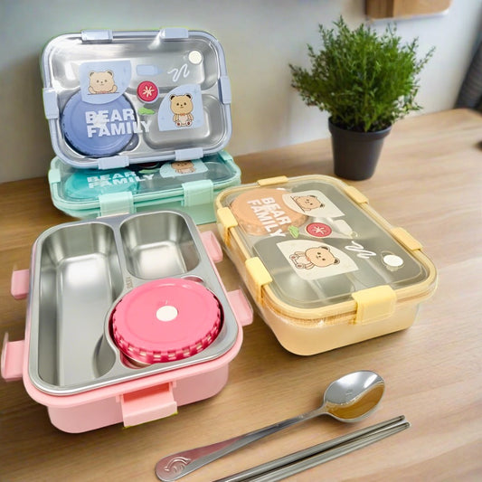 Stainless Steel Bear Family Bento Lunch Box (3 Grid) With Bowl for Kids