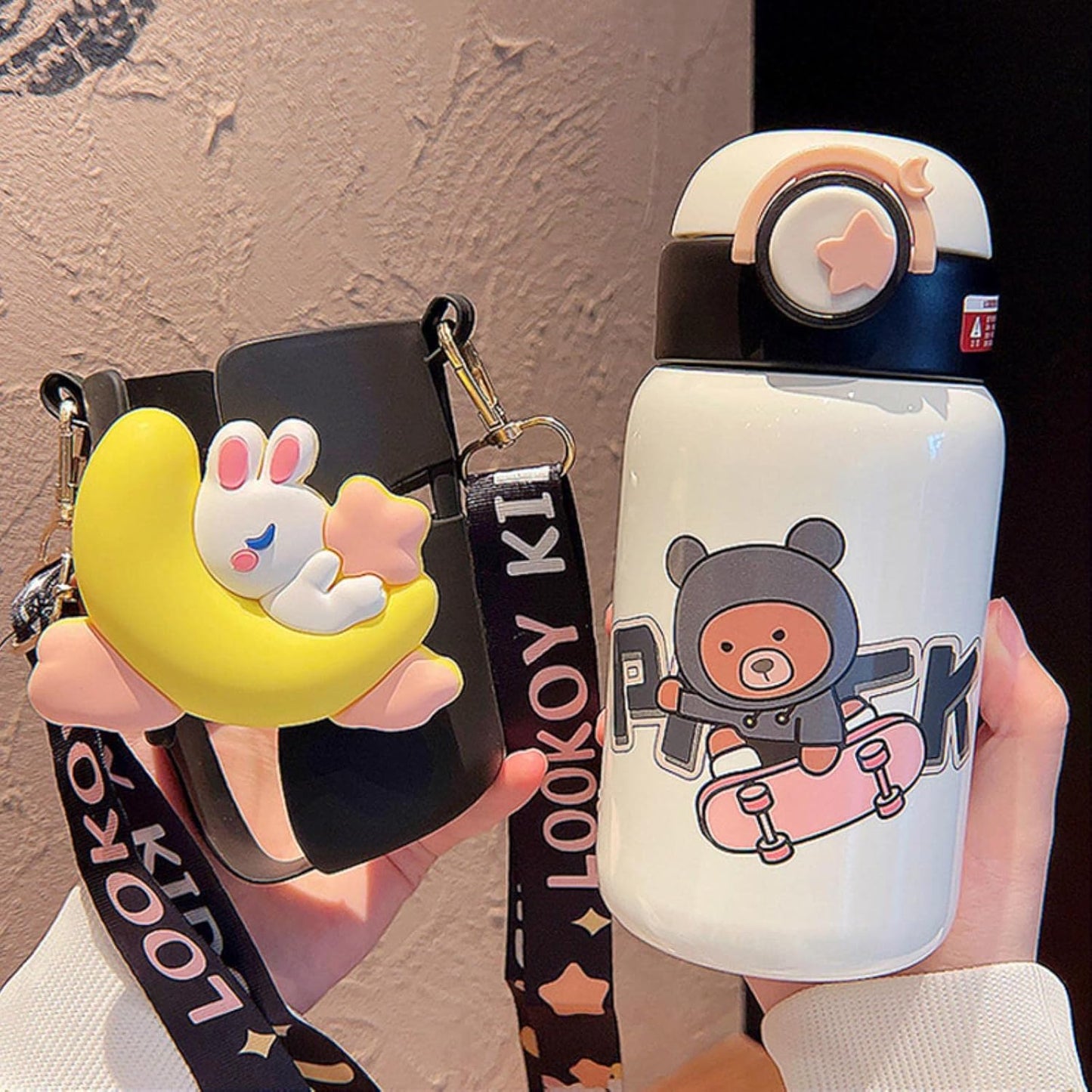 Kawaii Rabbit Vacuum Stainless Steel Water Bottle for School Kids - 500 Ml