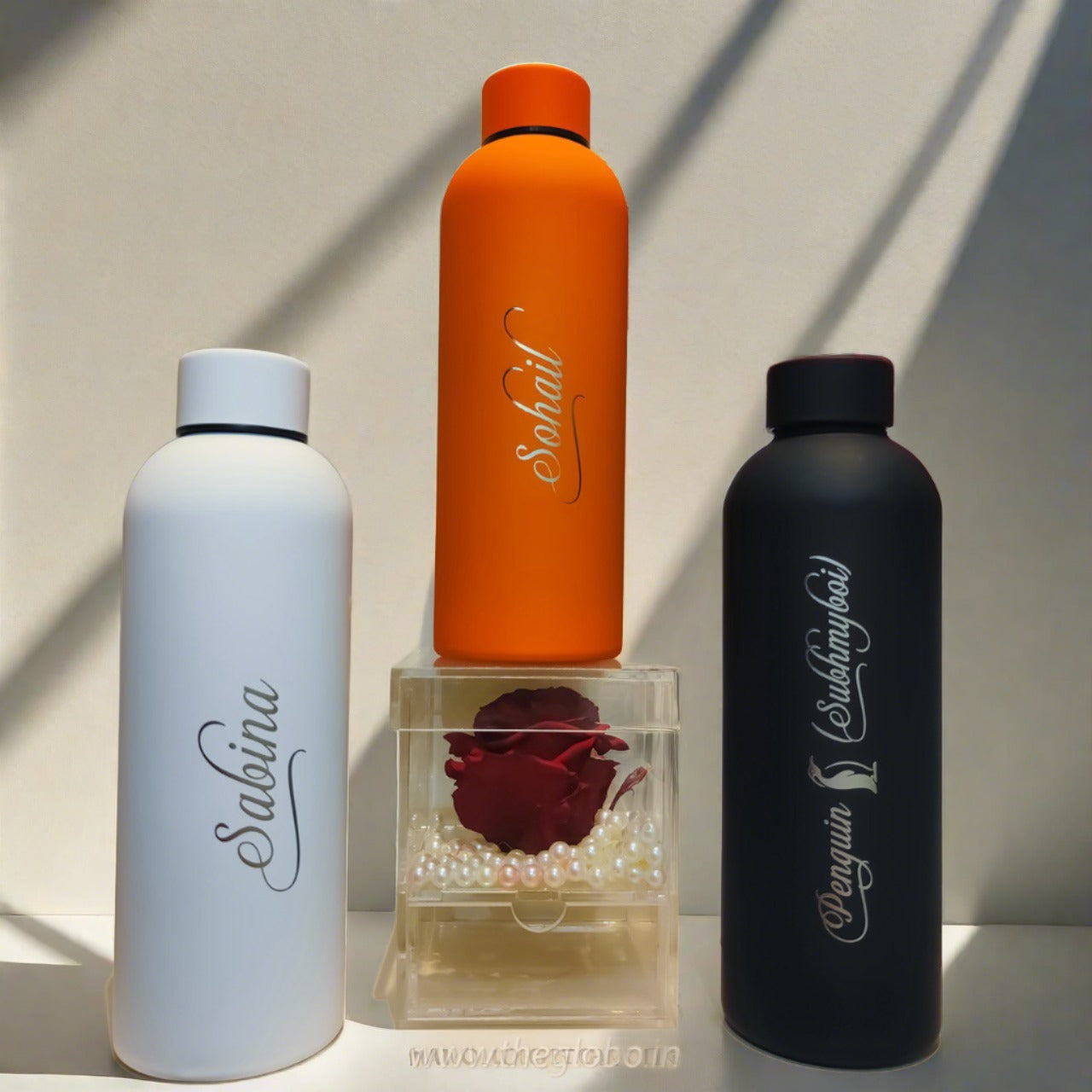 Name Engraved Orange , Black & White Stainless Steel Water Bottle (With Personalization)