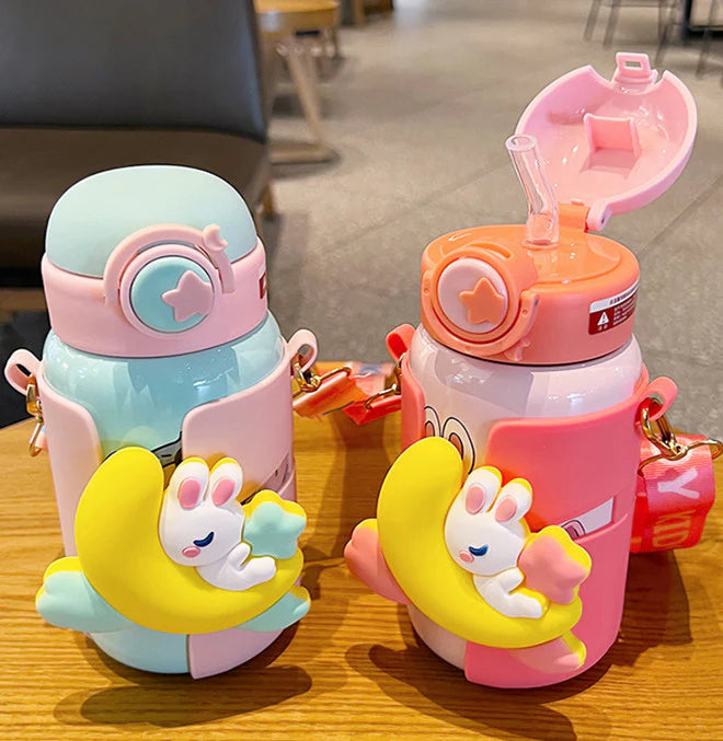 Kawaii Rabbit Vacuum Stainless Steel Water Bottle for School Kids - 500 Ml