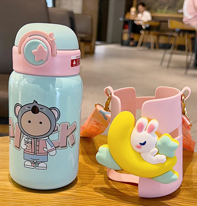 Kawaii Rabbit Vacuum Stainless Steel Water Bottle for School Kids - 500 Ml